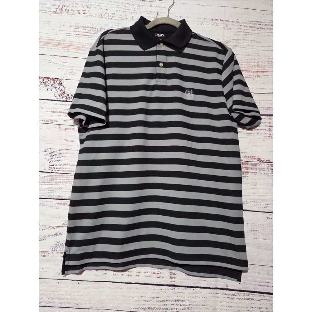 Chaps Golf Mens Polo Shirt Medium Black Gray Striped Short Sleeve Pugsley Adams